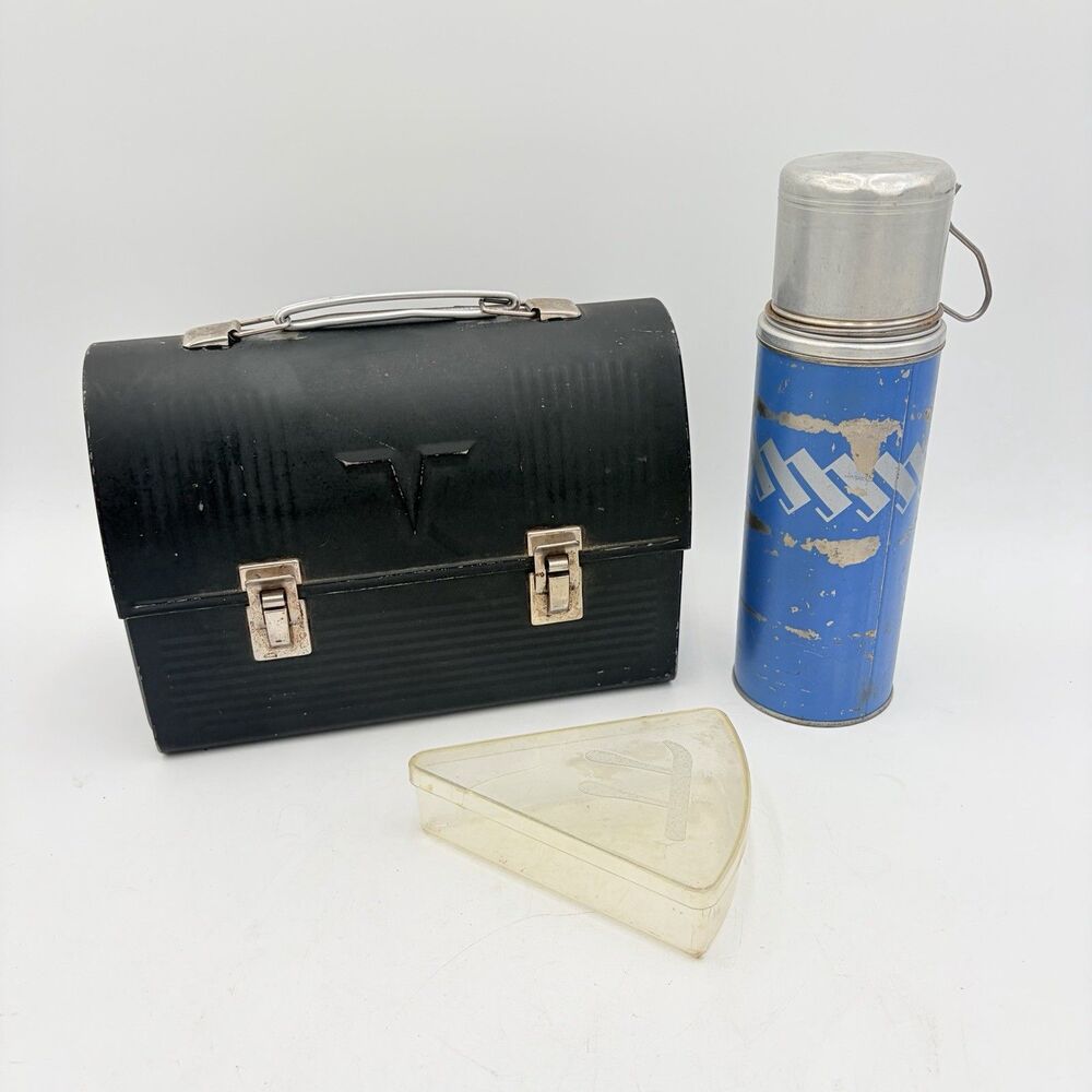 VINTAGE THERMOS Pie Carrier Lunch Box w BLUE THERMOS Bottle Tray 1950s USA